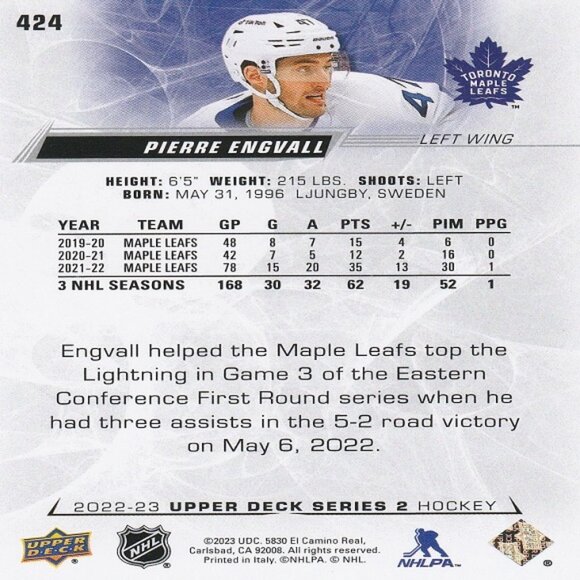 Pierre Engvall - 2022/2023 Upper Deck Series 2 Hockey Card - Card Number 424 - Picture 2 of 2